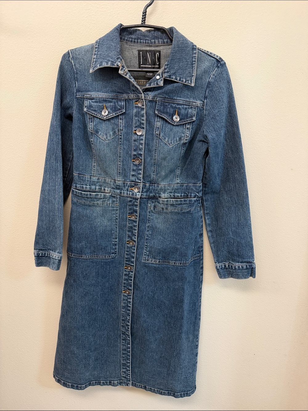 INC International Concepts Medium Blue Denim Button-Front Dress SzS
